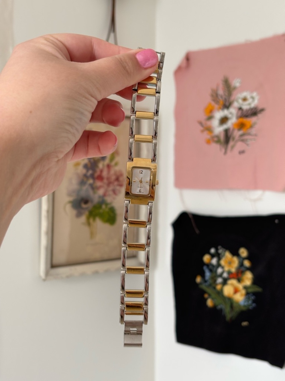 Gold silver Two-Tone 90s Avon chain Rectangle Face Watch